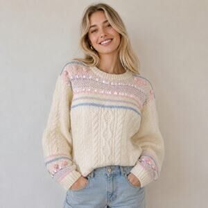 Jennifer Reed SZ S VTG Knitted By Hand Wool Cable Knit Popcorn Satin Sweater NWT